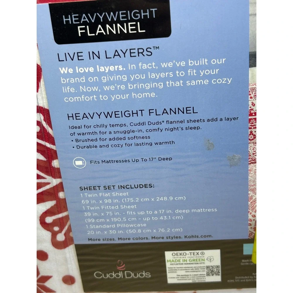 Cuddl Duds Twin Heavyweight Flannel Sheet Set Holiday Paper Cut Red White NEW
